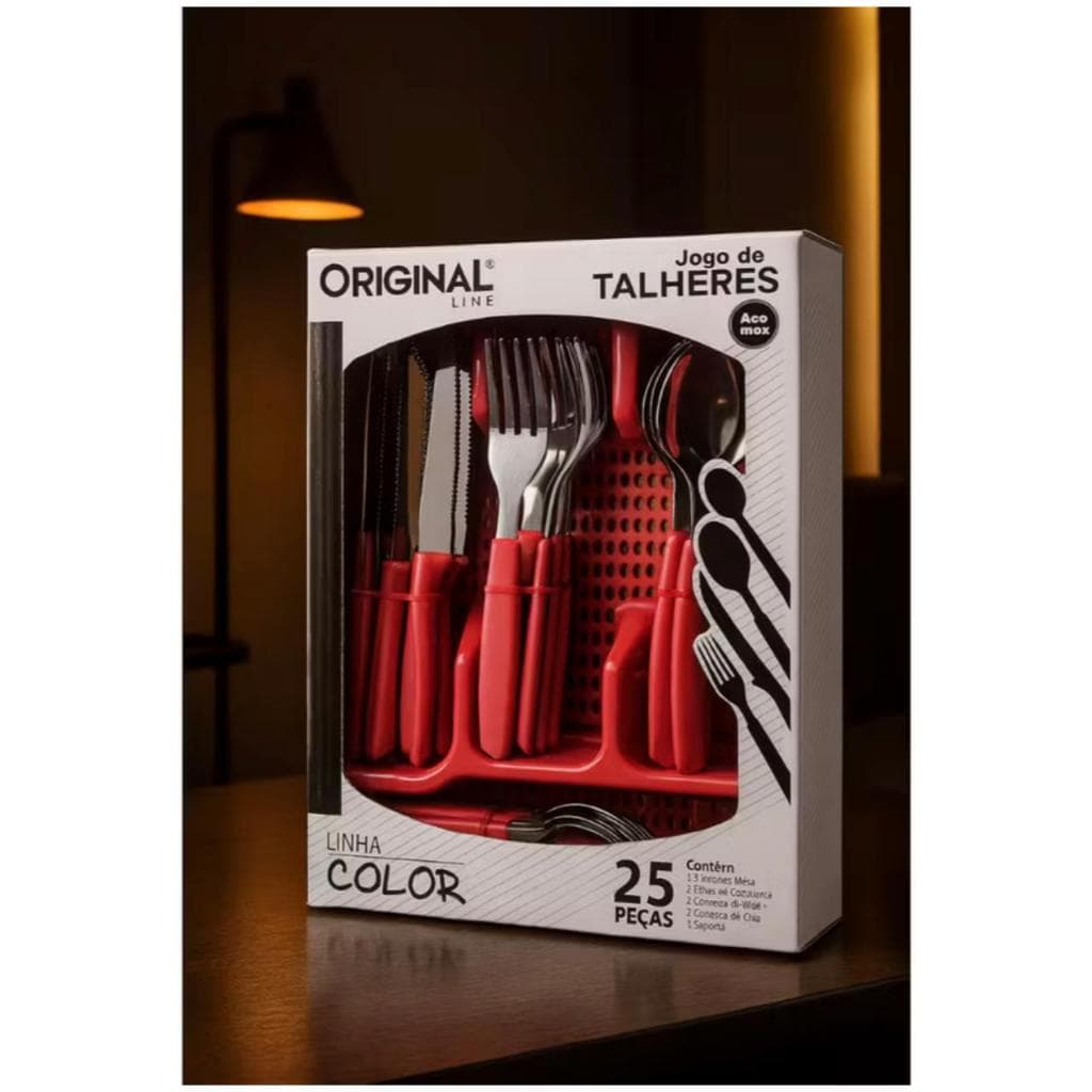 Conjunto Faqueiro Cabo Plástico Jogo 25pç Kit Talheres Vermelho Aço Inox Com Gaveteiro Porta Talher