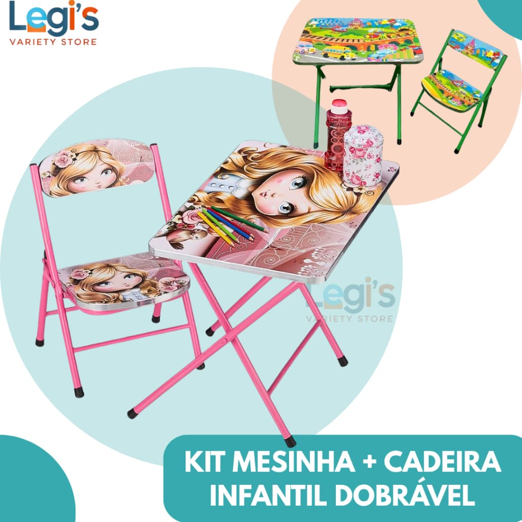 Conjunto Mesinha Infantil com Cadeira Dobrável Em Metal para Desenho e Atividades
