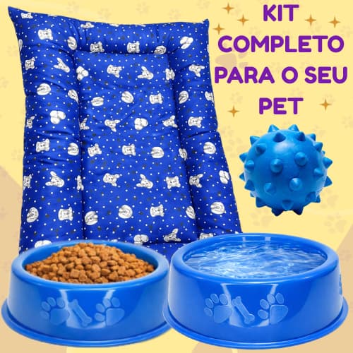 Kit Básico Cama Colchonete Almofada Comedouro Bolinha Gato ou Cachorro