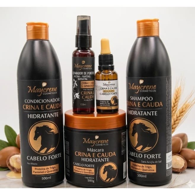 Kit Cavalo - Crina e Cauda - Maycrene 5 itens Anti Queda Brilho Força Crescimento Beleza - Reparador 60ml