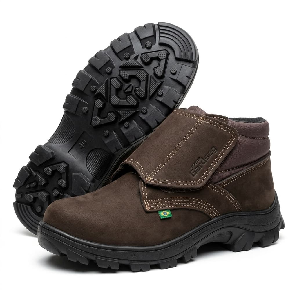 Bota Trabalho Botina de segurança velcro marrom com Bico P.V.C