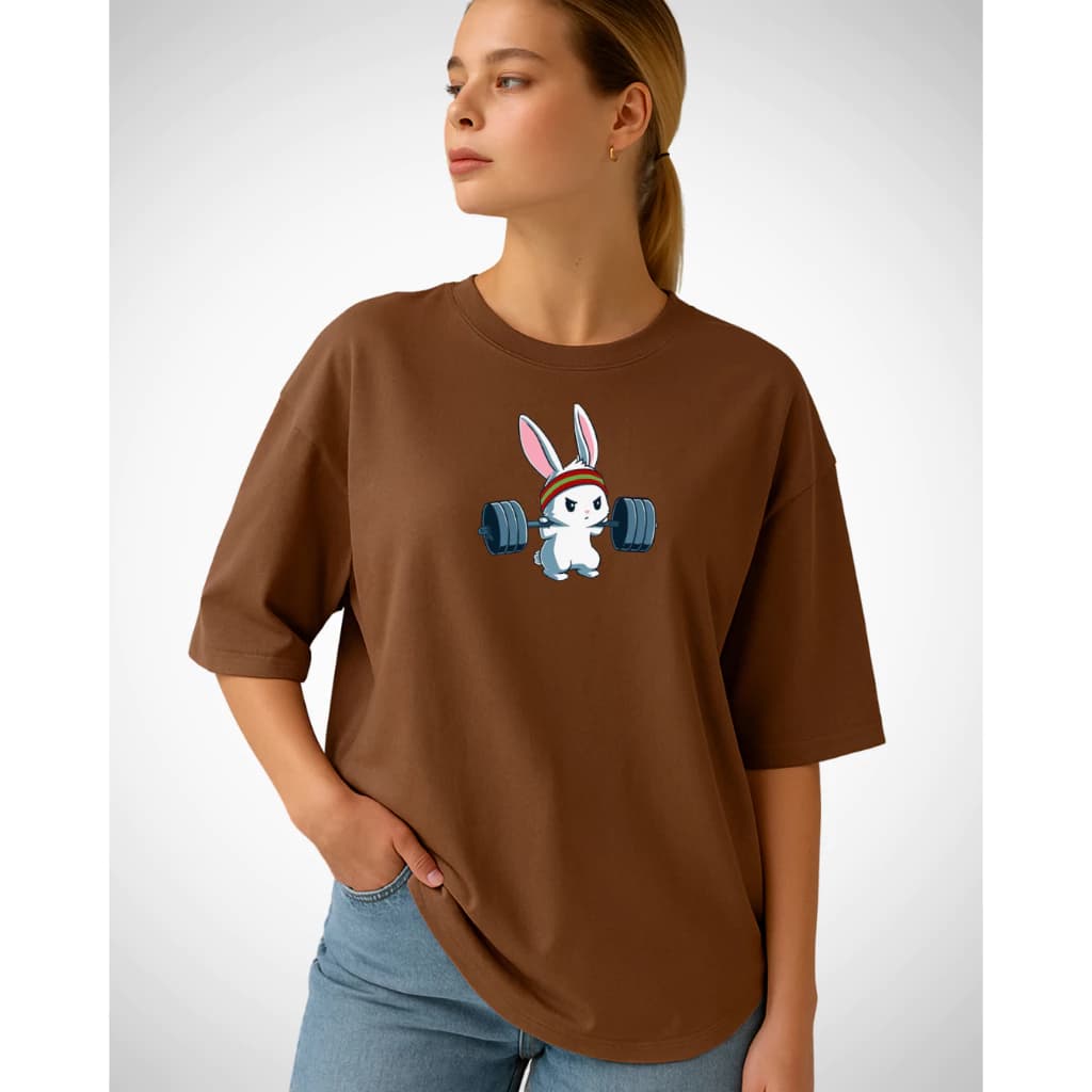 Camiseta Feminina Oversized 100% Algodão Academia Fitness Gym Treino Musculação Coelho Fofo