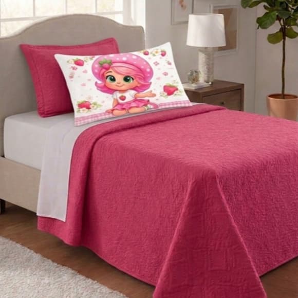 KIT COBRE LEITO PERSONAGENS INFANTIL MORANGUINHO COM 02 PEÇAS SOLTEIRO VÁRIAS CORES MATELADO ULTRSSONICO PROMOÇÃO!!