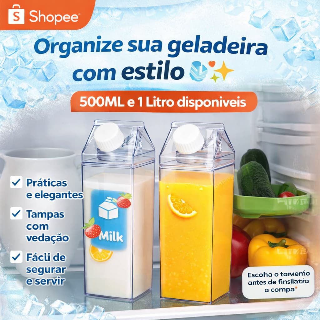 Garrafa Acrílica Transparente 500ml e 1 Litro Multiuso Tampa Vedação Geladeira Cozinha