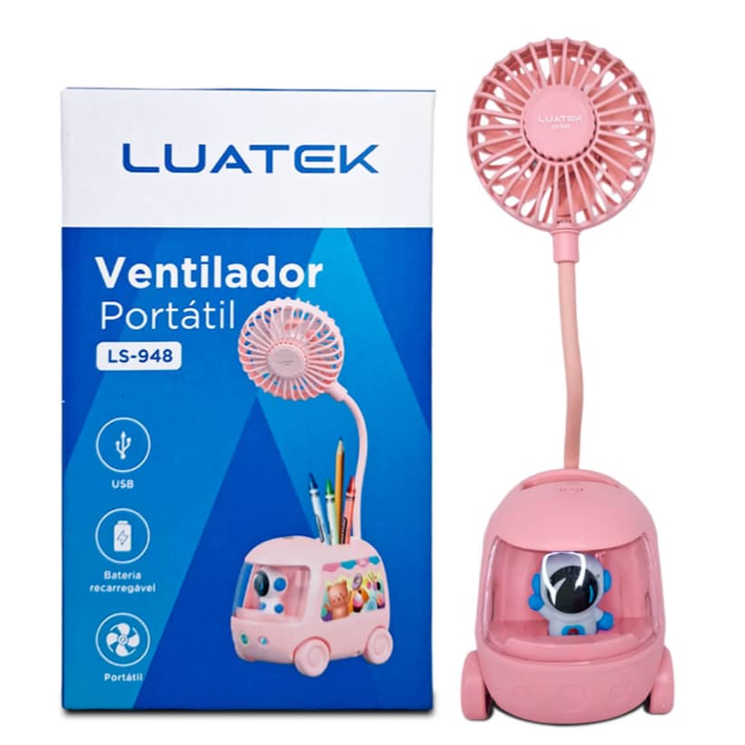 Ventilador Portatil Retratil  Rosa Porta Lapis Recarregavel Mesa Carro Rosa