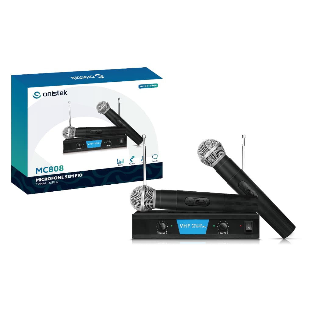 Microfone Sem Fio Dinâmico Profissional VHF Canal Duplo Onistek - ON-MC808