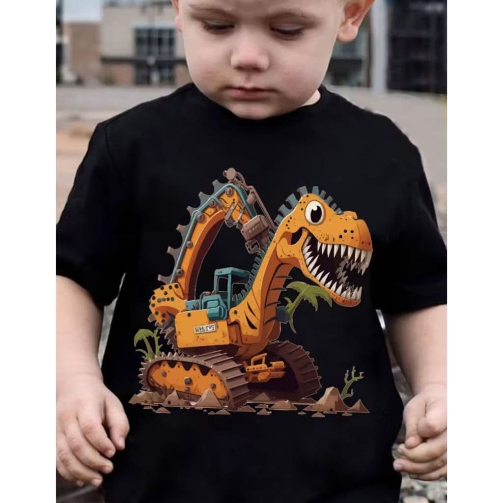 CAMISETA INFANTIL MENINO DINOSSAURO MAQUINA DIVERTIDO EXCLUSIVA MODERNA TRATORES CRIATIVA ESCAVADEIRA CONFORTAVEL