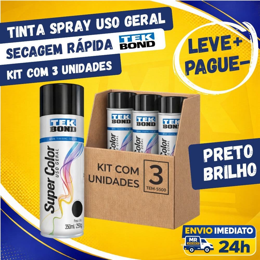 Kit 3 Tinta Spray Uso Geral Tekbond Preto Brilho 350ml Secagem Rápida
