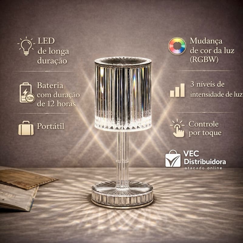 Luminária de Mesa Cristal LED Abajur Tricolor Recarregável Decoração Luxo