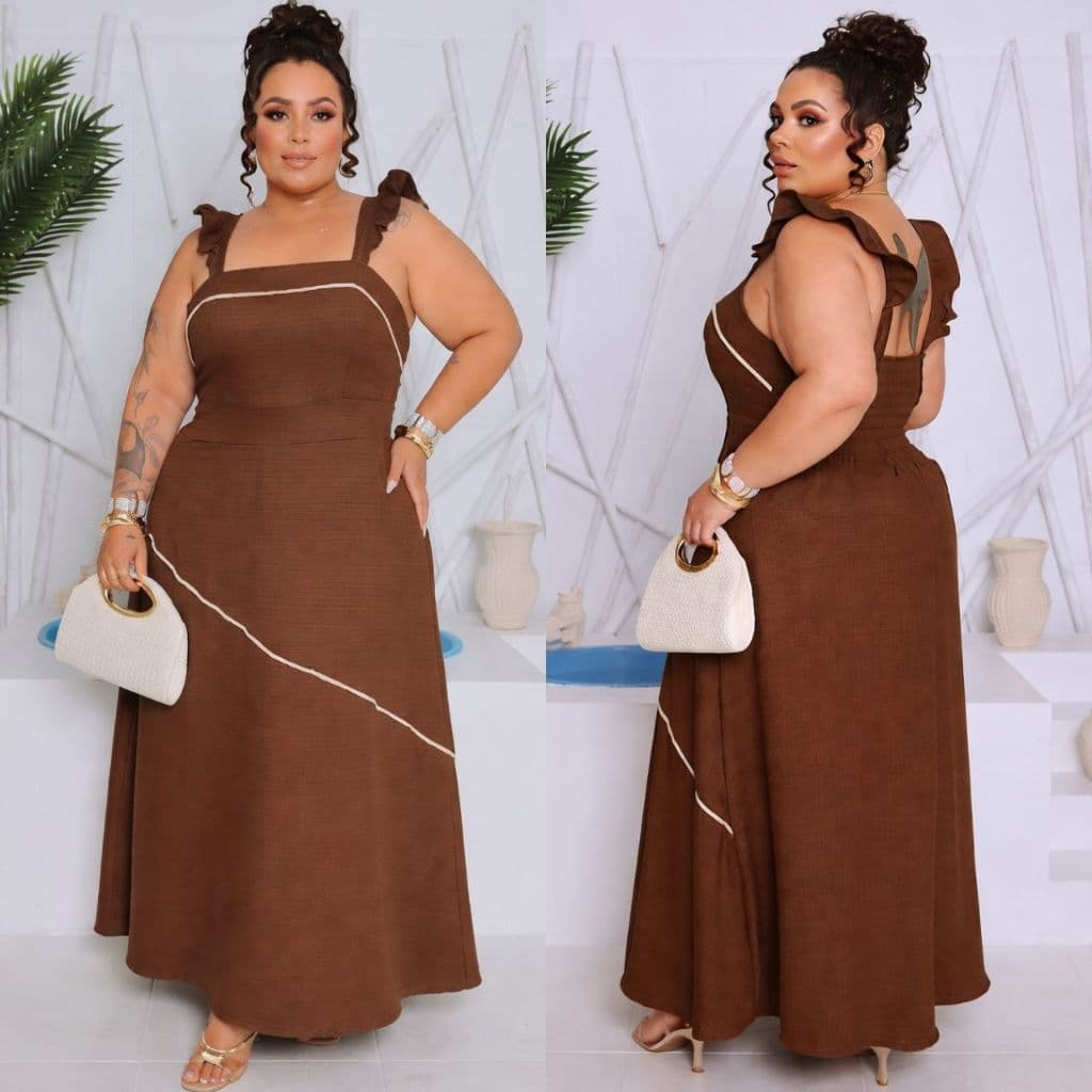 Vestido Feminino Plus Size  Elegante Festa Luxo com Babado e Caimento Solto Confortavel