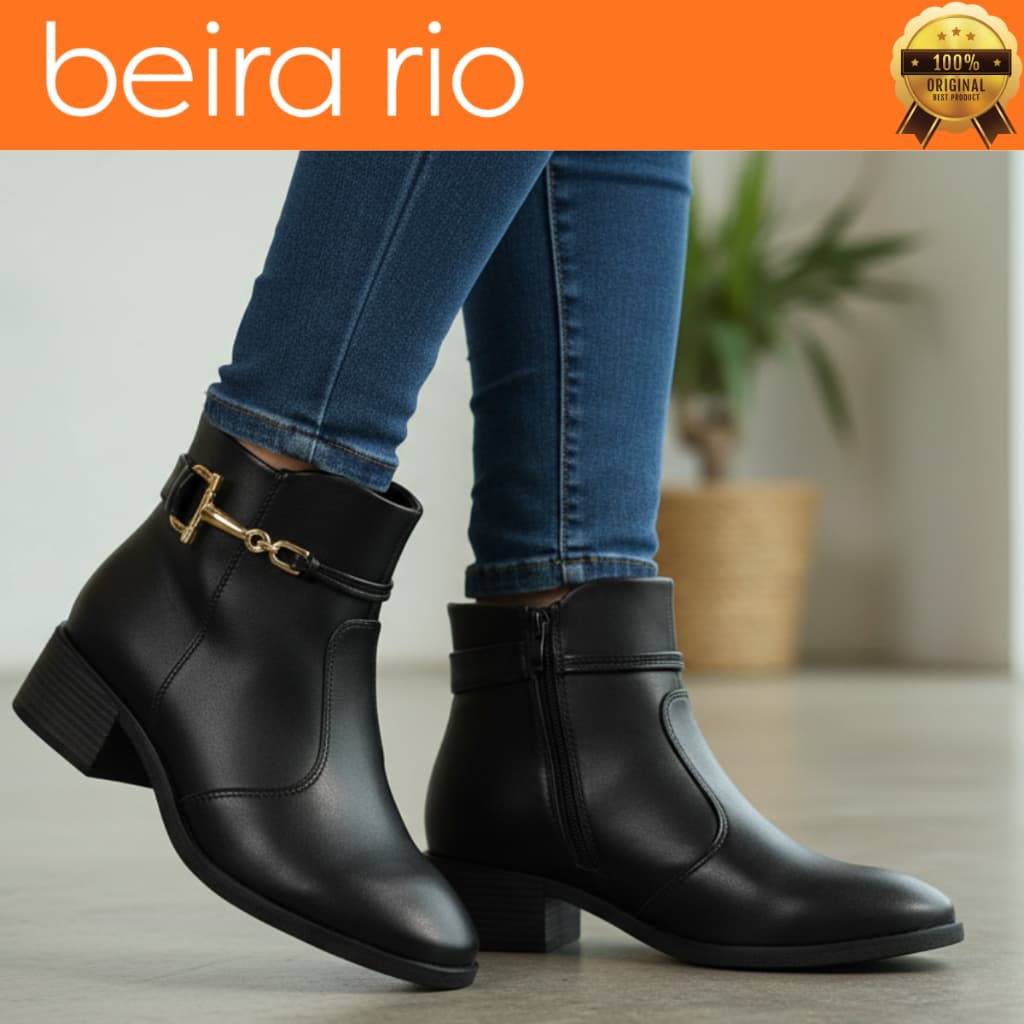 Bota Feminina Beira Rio Cano Curto Moderno Salto Bloco Baixo Bico Redondo Confortável Zíper Casual 9087104 Original