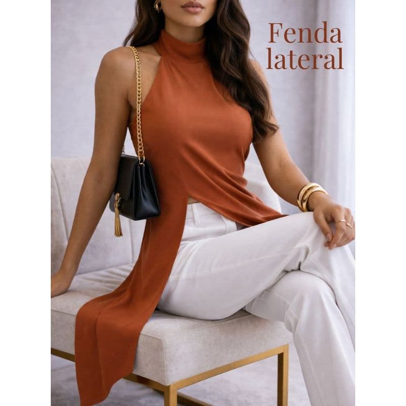 BLUSA  Alongada Com Fenda Frontal Assimétrica Gola alta elegante