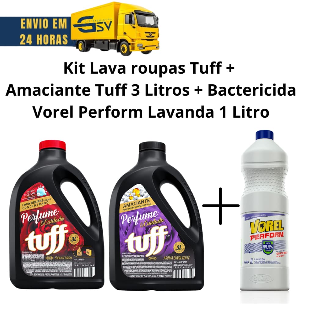 Kit Lava roupas Sublime Magia 3L+Amaciante Aroma Envolvente 3L Tuff+Bactericida Vorel Lavanda 1L