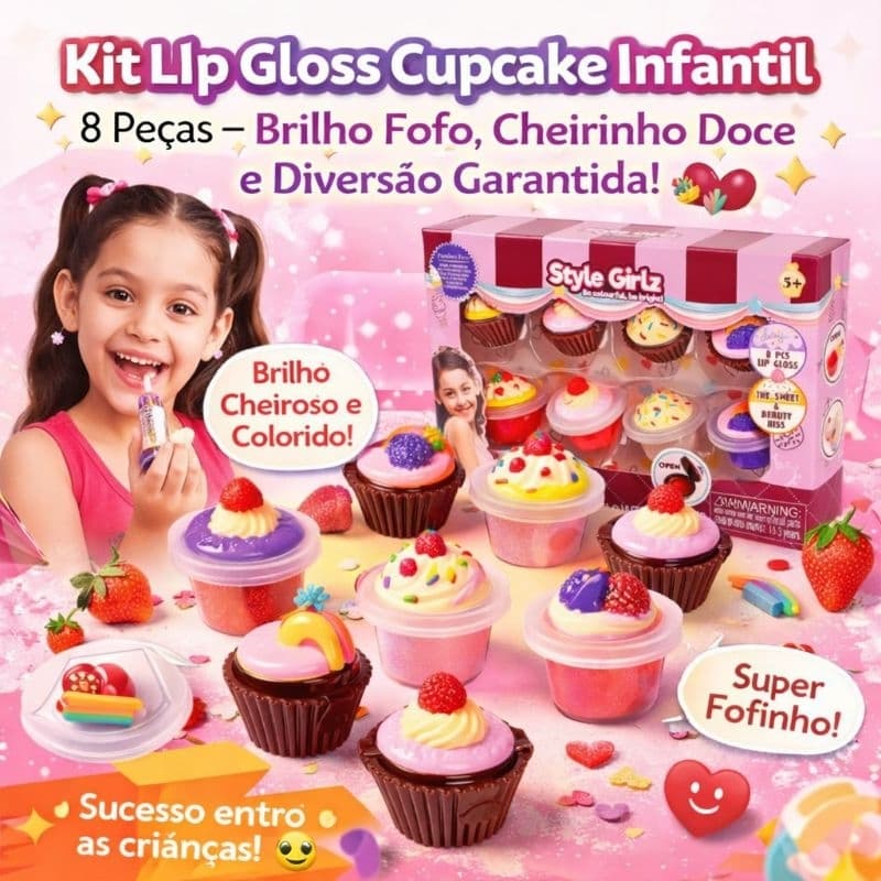 Kit Lip Gloss Cupcake Infantil 8 Peças – Brilho Fofo, Cheirinho Doce e Diversão Garantida