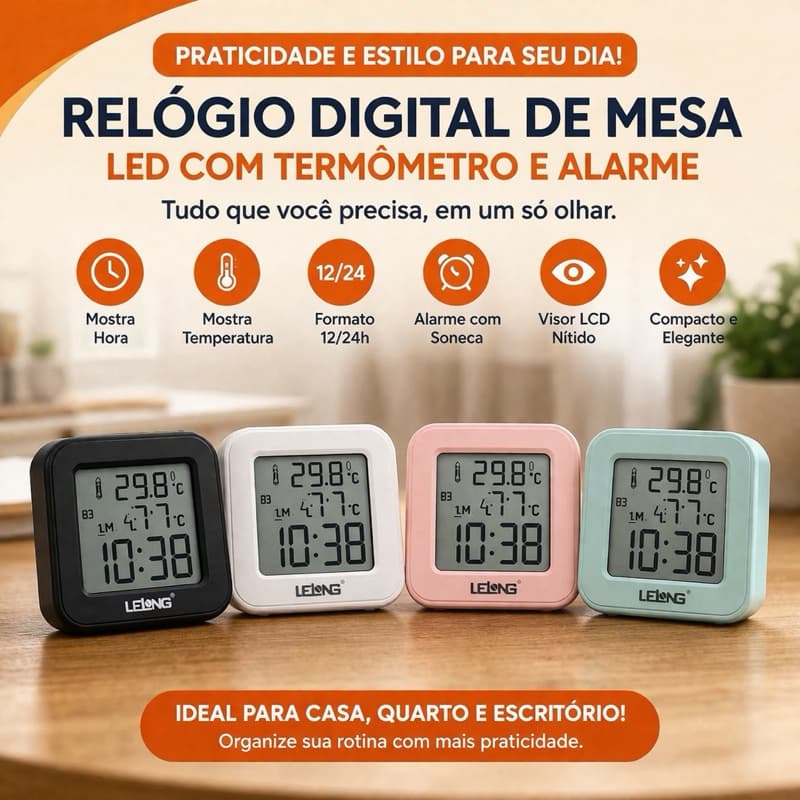 Kit com 4 Relógios Digital de Mesa LED com Termômetro Alarme LCD LE-8130