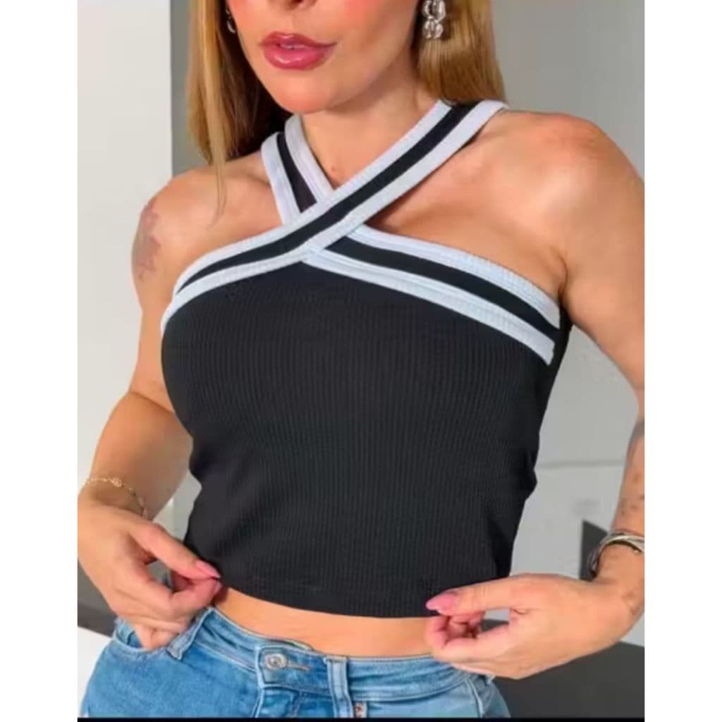 Cropped Feminino Com Bojo Alça Nadador Malha Texturizada Top Academia - Estilo - Casual
