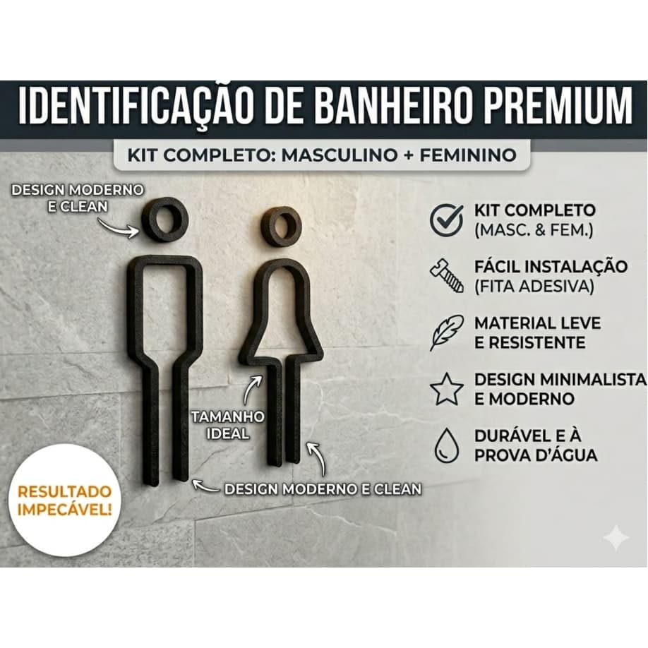 Kit Placas Identificação Banheiro Masculino e Feminino - Design Moderno Minimalista