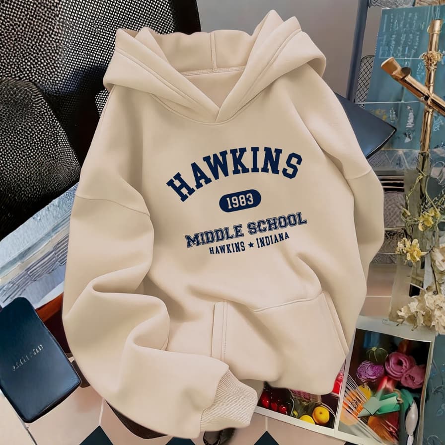 Moletom Stranger Things Hawkins Middle School 1983 College Blusa de Frio Com Capuz Premium