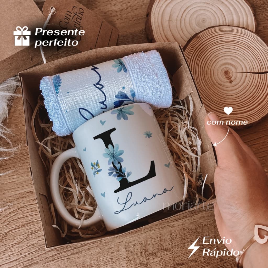 Presente feminino personalizado, Kit Caneca personalizada+ toalha de mão e caixa presente, pronto para presentear