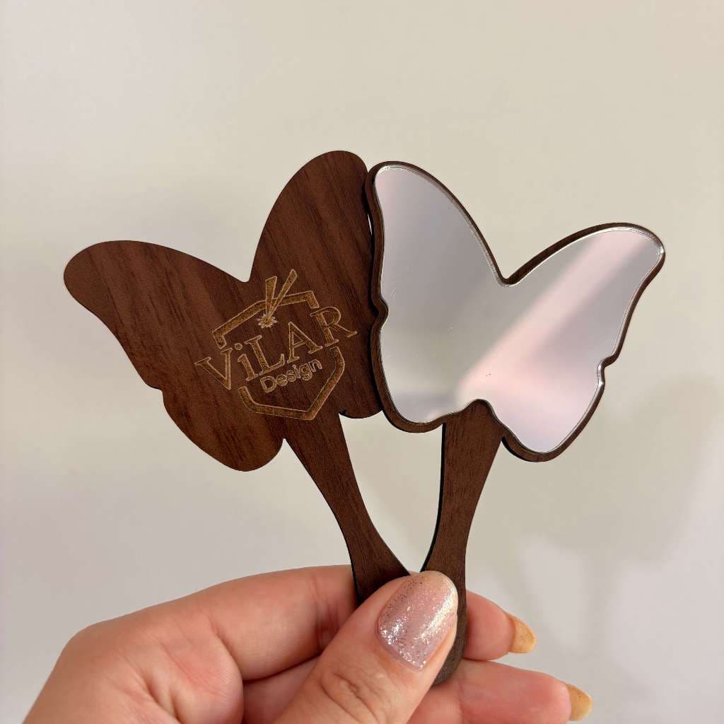 Kit 10 Espelhos de mdf amadeirado e acrílico com logo gravada a laser formato borboleta