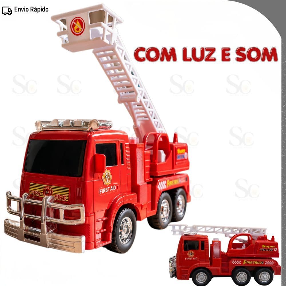 Caminhão Carro de Bombeiro Infantil Brinquedo a Pilha Bate e Volta Com Luz e Som Carrinho