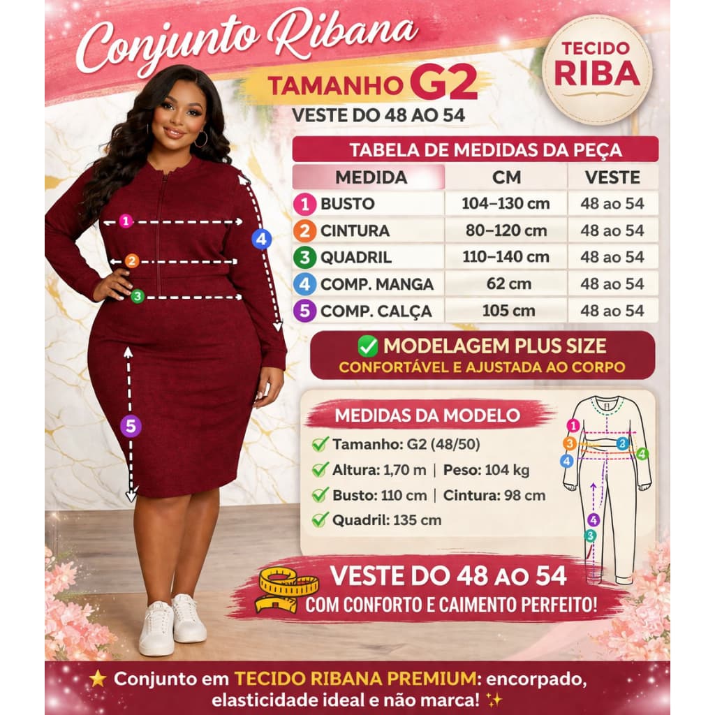 Conjunto Plus Size em Ribi Blusa com Zíper e Saia Tubinho com elastico y con bolsoG2 veste de 48 a54