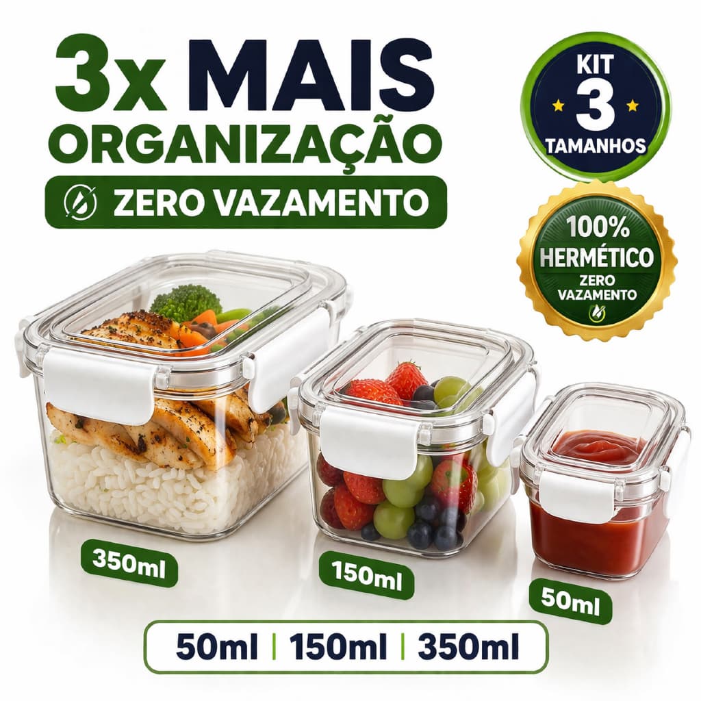 Kit 3 Potes Herméticos Trava VitaSeal™ | Organizador de Alimentos Geladeira Marmita 50ml 150ml 350ml
