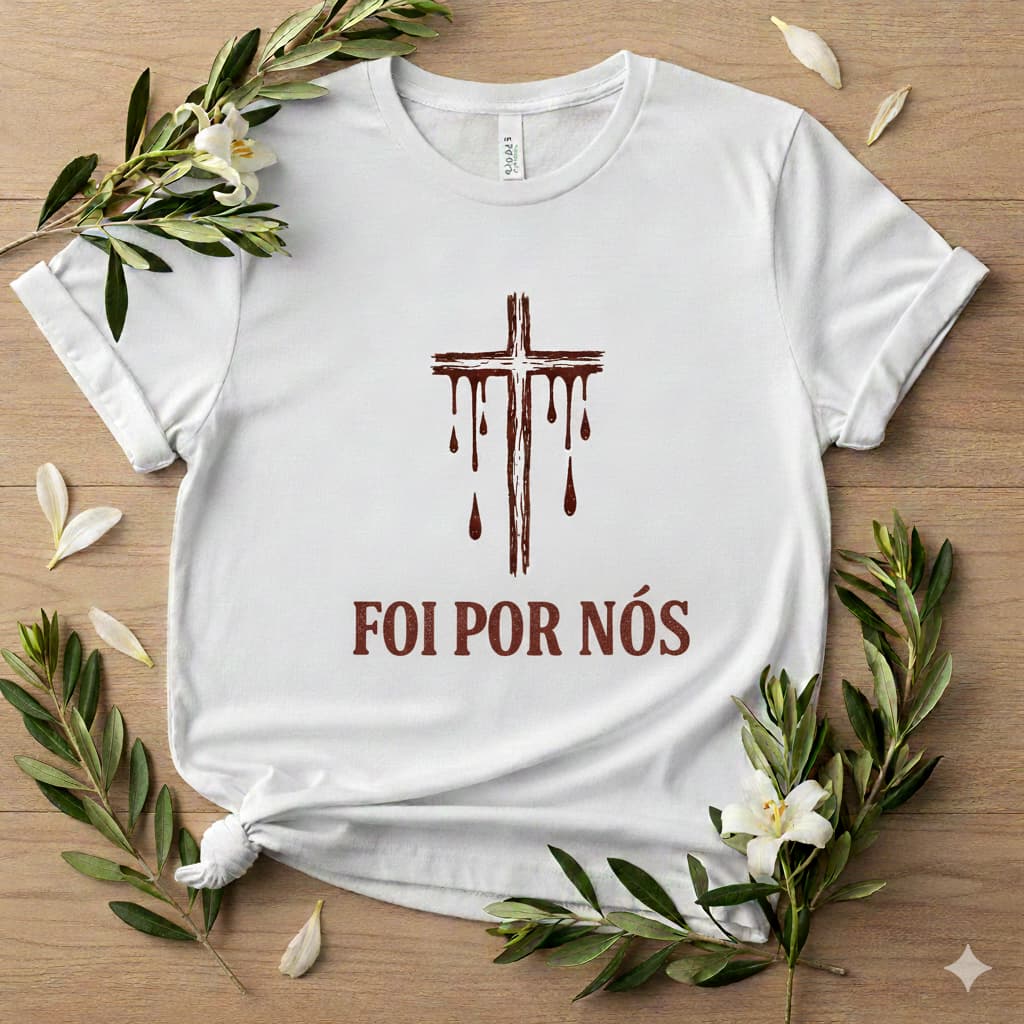 Camiseta Cristã Branca Unissex Estampa “Foi Por nós". Ressureição, Cristo (Envio Rápido)