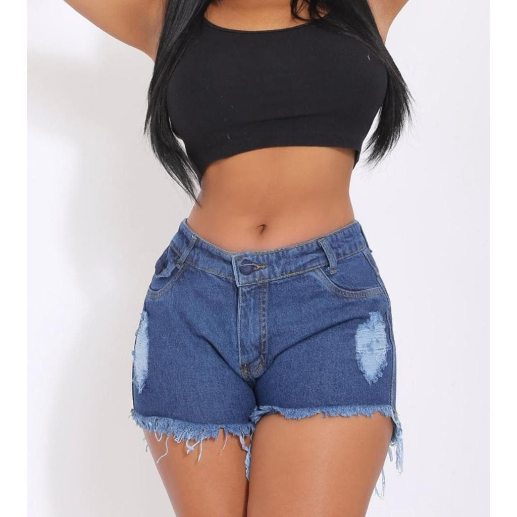 Short Jeans Feminino Cintura Alta Barra Desfiada  Blogueira