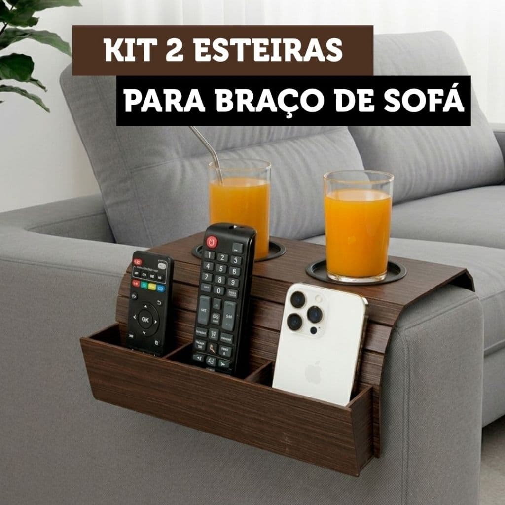 Esteira Para Sofá Braço Apoio Porta Controle Copo Celular MDF Kit 2 Peças Organizador Poltrona Luxo