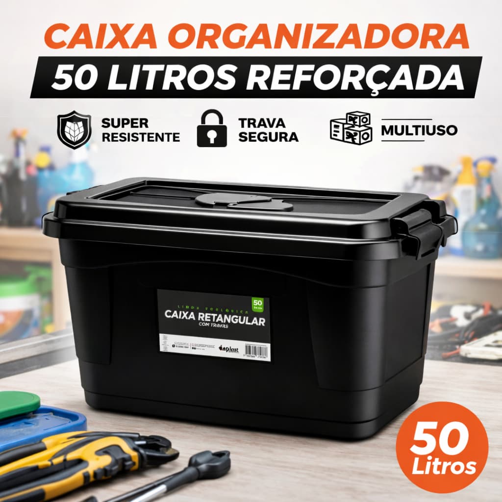 Caixa Organizadora 50 Litros Reforçada Com Trava Tampa Preto