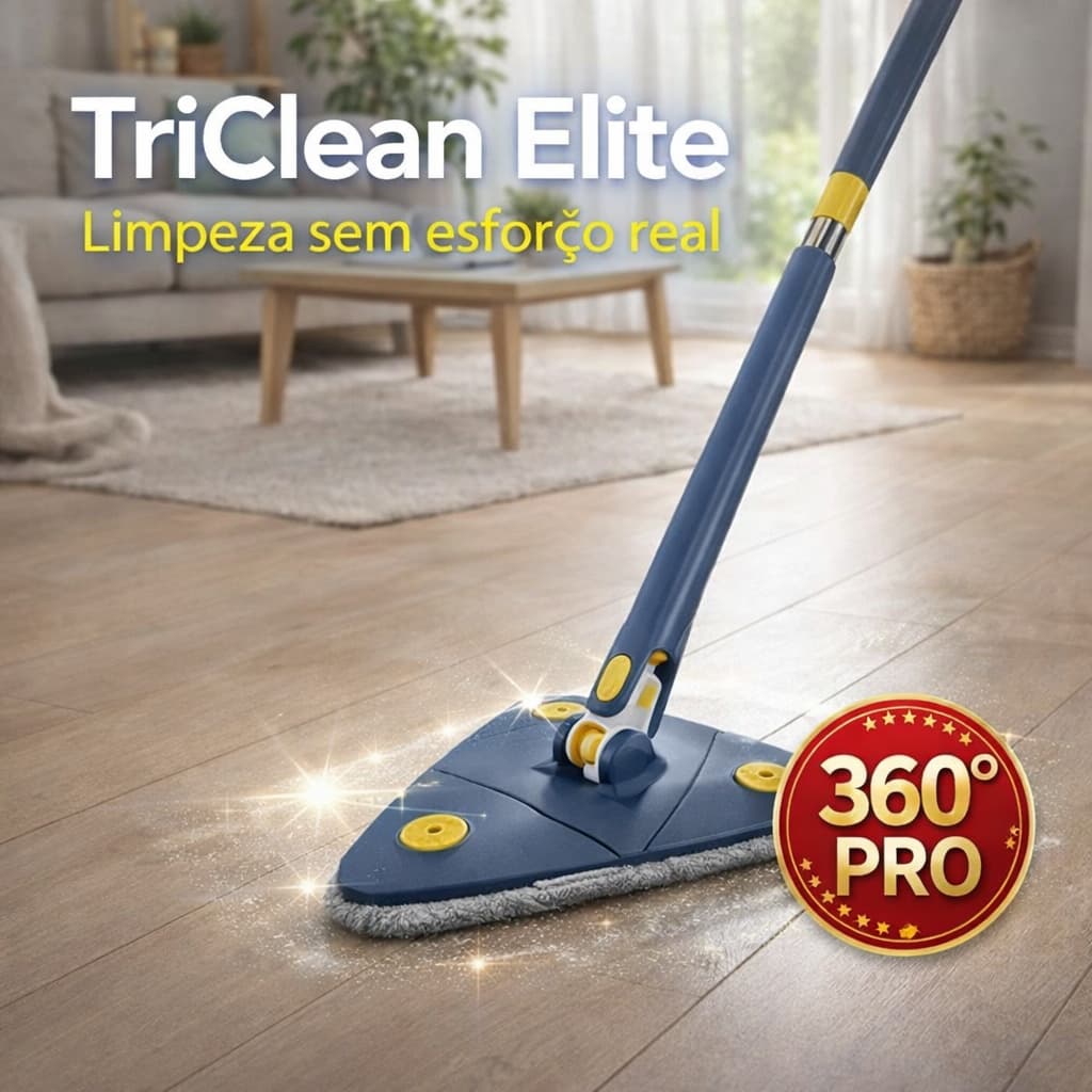 Mop Giratório Triangular 360° TriClean Elite Esfregão Limpeza Prática Super Absorvente Casa Sem Esforço