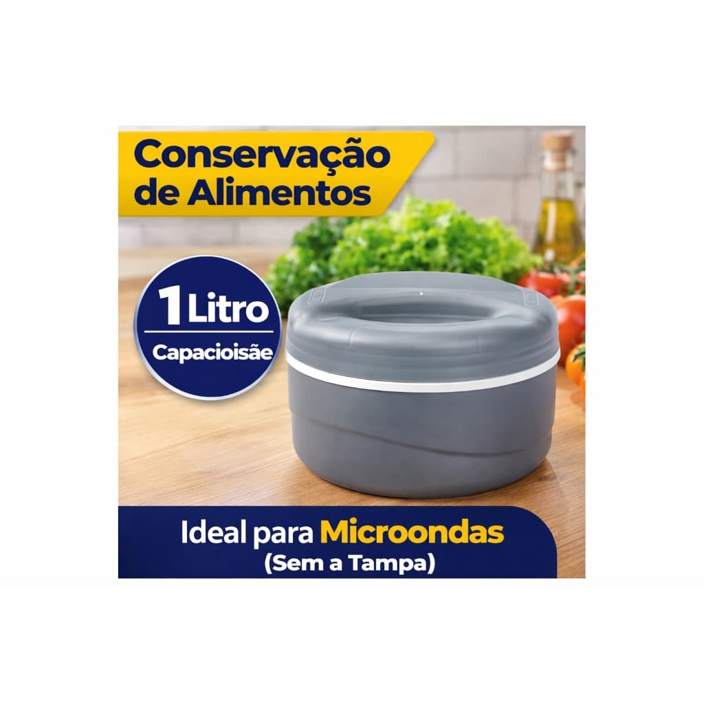 Marmita Térmica 1L Cinza com Tampa de Rosca – Mantém Alimentos Quentes