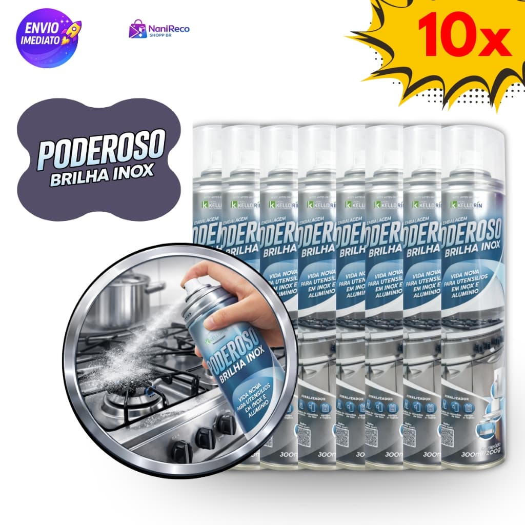 Kit 10 Spray Brilha Inox Poderoso Limpar Proteger Utensílios Cozinha Alumínio