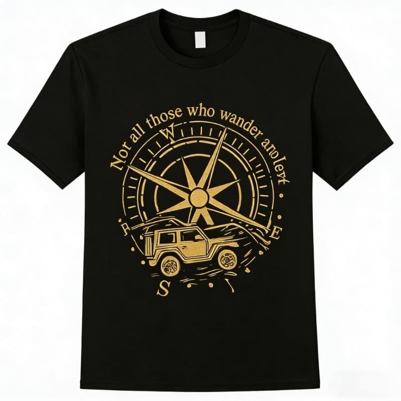 Camiseta Masculina Preta Estampa Bússola e Jeep Off Road Manga Curta Casual Aventura