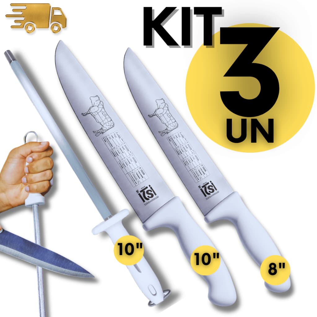 KIT Churrasco Faca 10" e 8" Polegadas Açougueiro Super Afiada e Chaira 10" Amolador Profissional