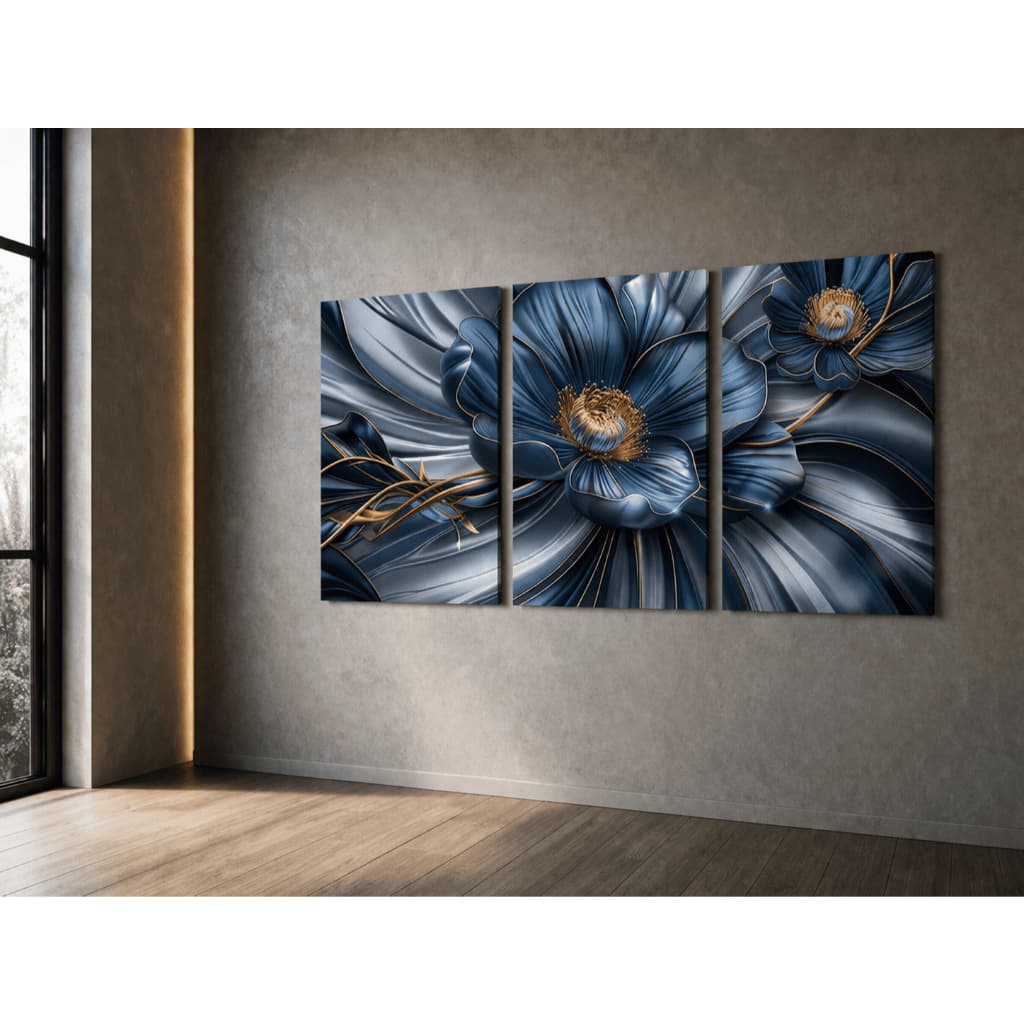Quadro Decorativo Arte Floral Tridimensional Azul Metálico Vibrante 122x60 Abstrata Moderna Sala