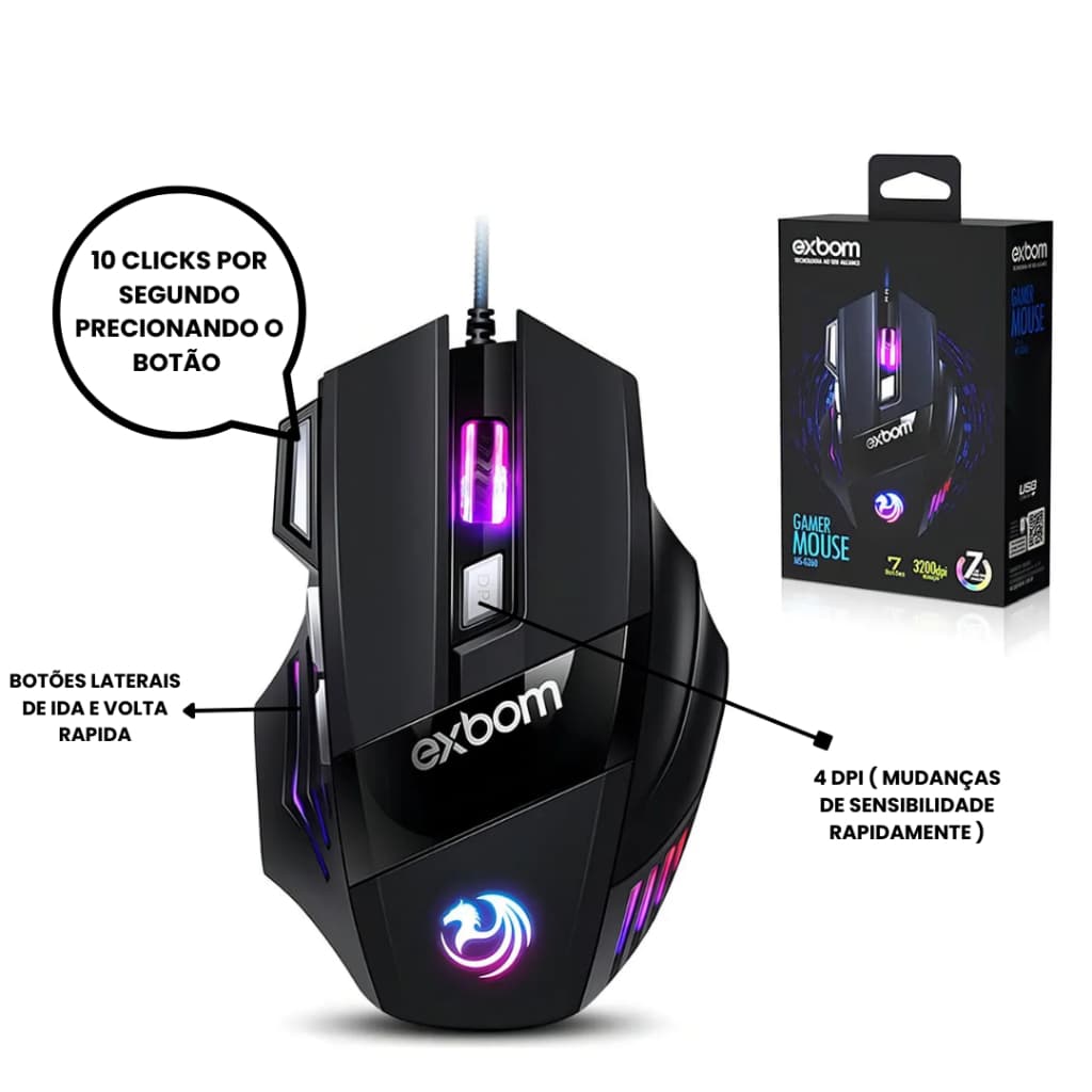 Mouse Gamer Para Jogos com Cliques automáticos 3.200 Dpi Óptico Com Luzes Led Rgb Usb