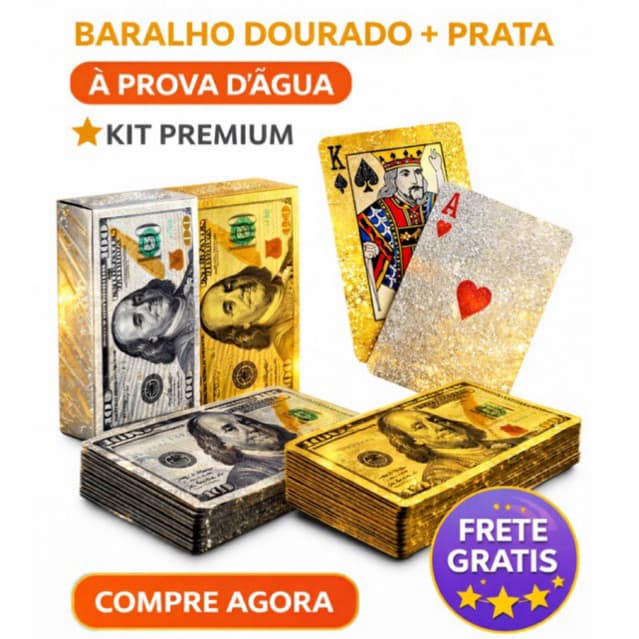 Kit 2 Baralho Dolar Dourardo e Prata a prova d’água 54 Cartas Resistência não dobra indestrutível