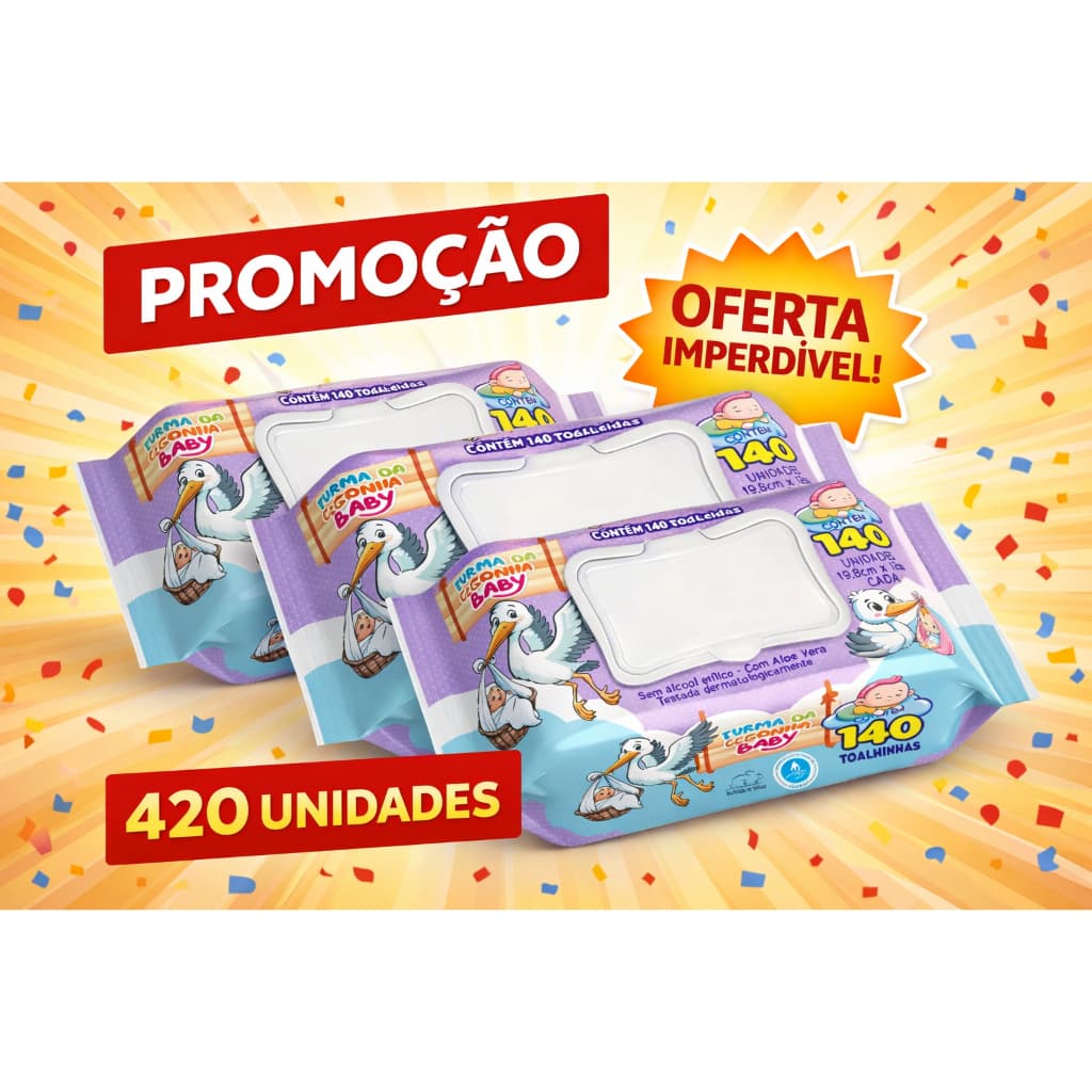 Toalhas Umedecidas Turma da Cegonha com Tampa Flip Top (140un cada pacote)