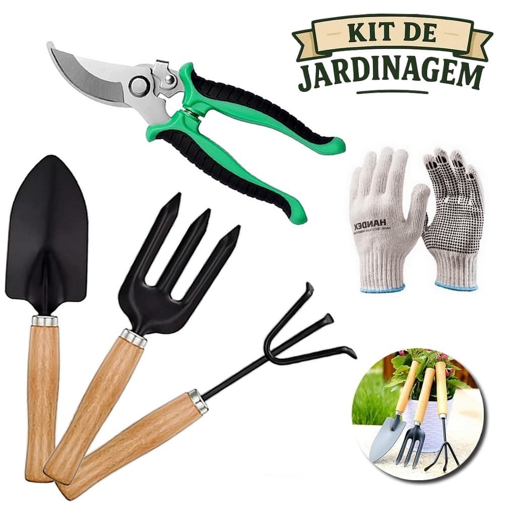 Kit 5 Peças Jardinagem Ferramentas Pazinhas Ancinho Metal Madeira poda