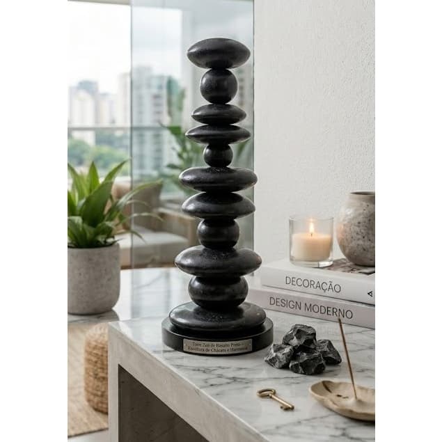 Torre Zen de Basalto Preto – Escultura Decorativa em Pedra Natural