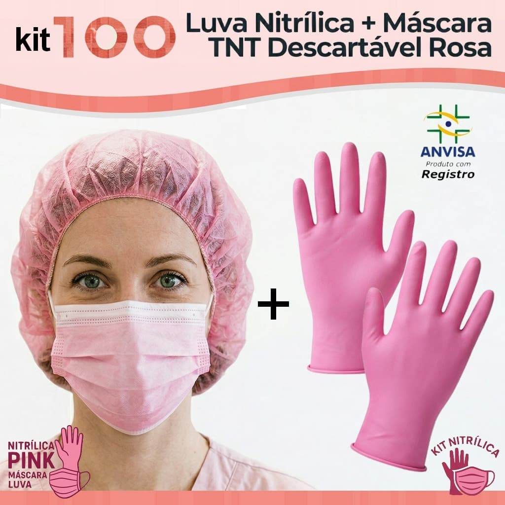 Kit 100 ROSA Luva Nitrílica + Máscara Tripla Camada nitrilo rosa