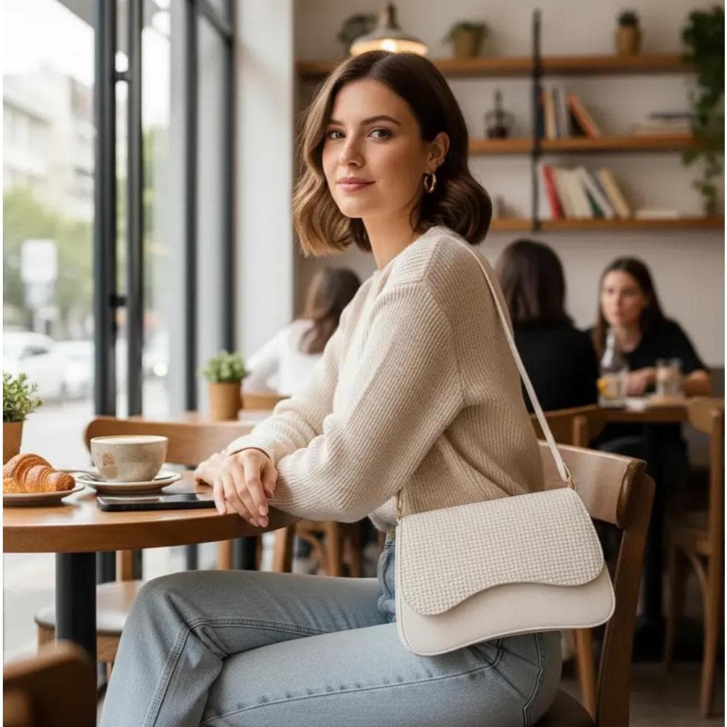 Bolsa Feminina de Ombro Transversal Elegante Couro Sintético Bicolor Caramelo Off White Casual