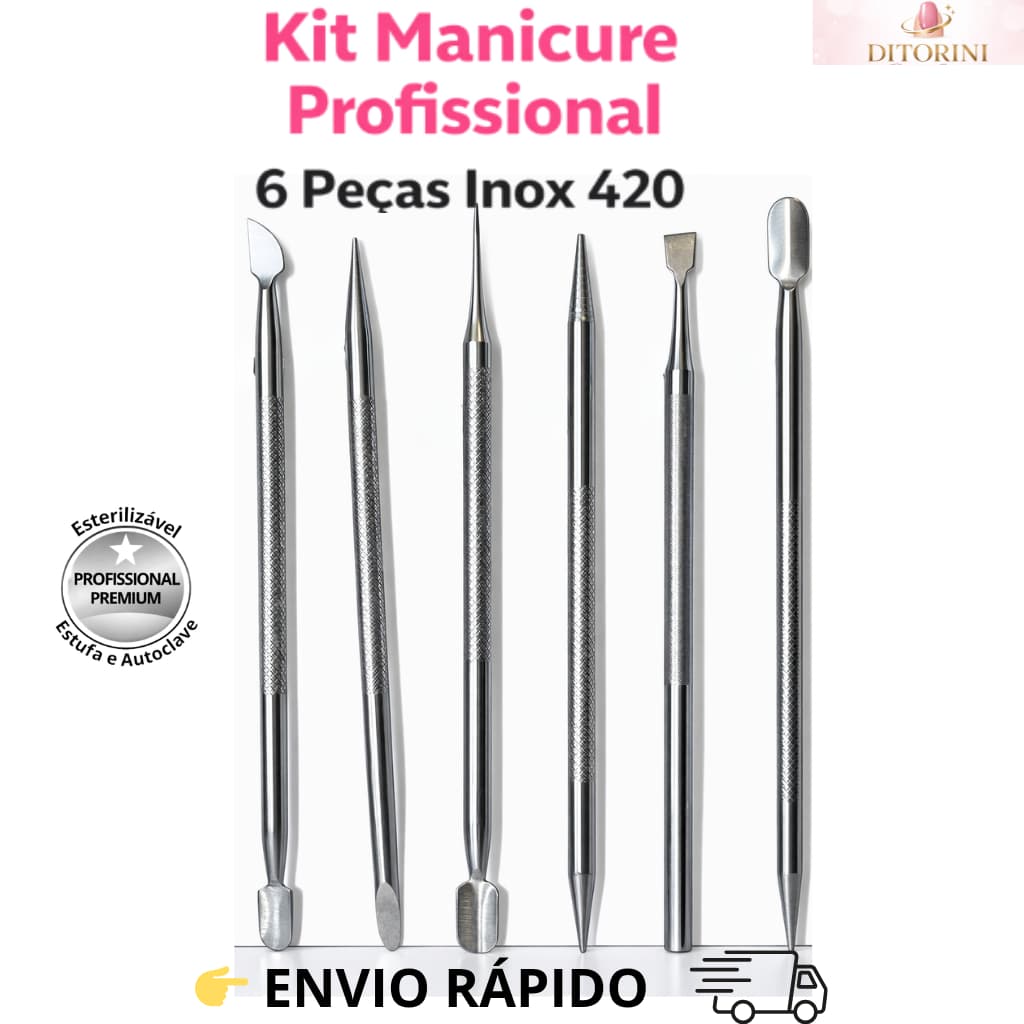 Kit Manicure Inox Profissional 6 Peças Aço 420 Espátula Cutícula Palito Autoclave
