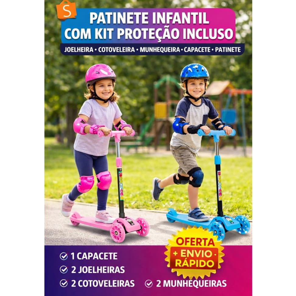 Patinete Infantil 3 Rodas com Luz + Kit Proteção com Capacete, Joelheira, Cotoveleira e Munhequeira