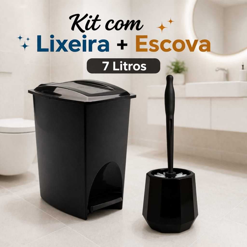 Kit Com Lixeira 7 Litros Com Tampa Pedal Quadrada + Escova Sanitaria  Suporte Banheiro Lavabo Com Cabo Pratico Limpeza