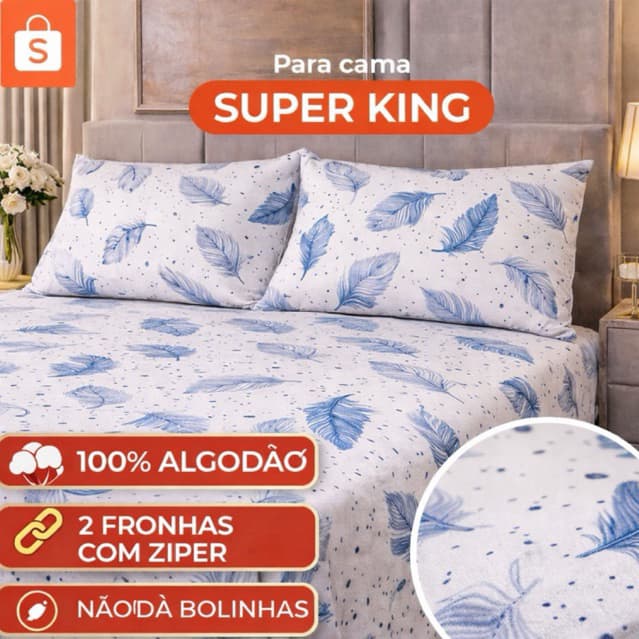 Kit Lençol Malha Super King 100% Algodão – Estampa Penas Azuis | 3 Peças