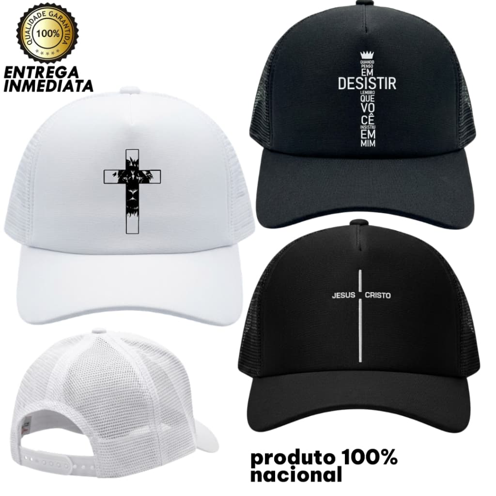 Kit 3 Bonés Trucker Cristão Gospel Masculino Jesus Cristo Cruz Frases Evangélicas Preto e Branco