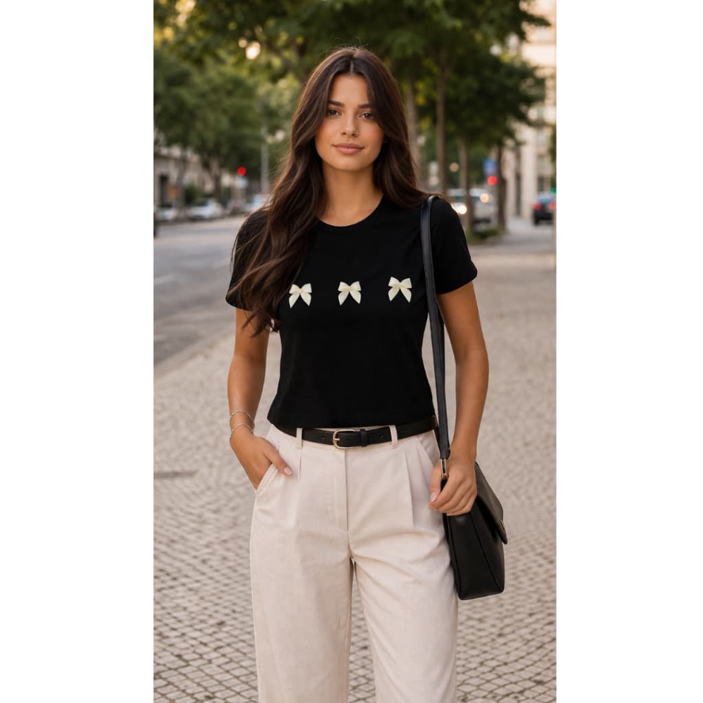 Blusa feminina algodão macio lacinhos delicados confortável estilosa uso diário charmosa caimento promoção
